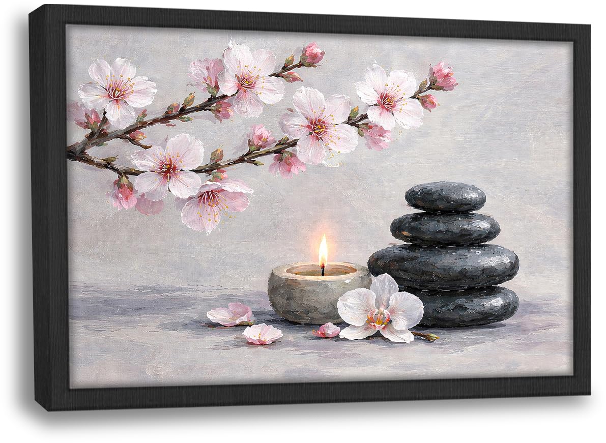 Framed Zen Stones Wall Art Yoga Meditation Picture Wall Decor Zen Minimalist Canvas Print Painting Neutral Calming Artwork Gifts for Bathroom Spa Room Bedroom Home Decoration 16"x24"