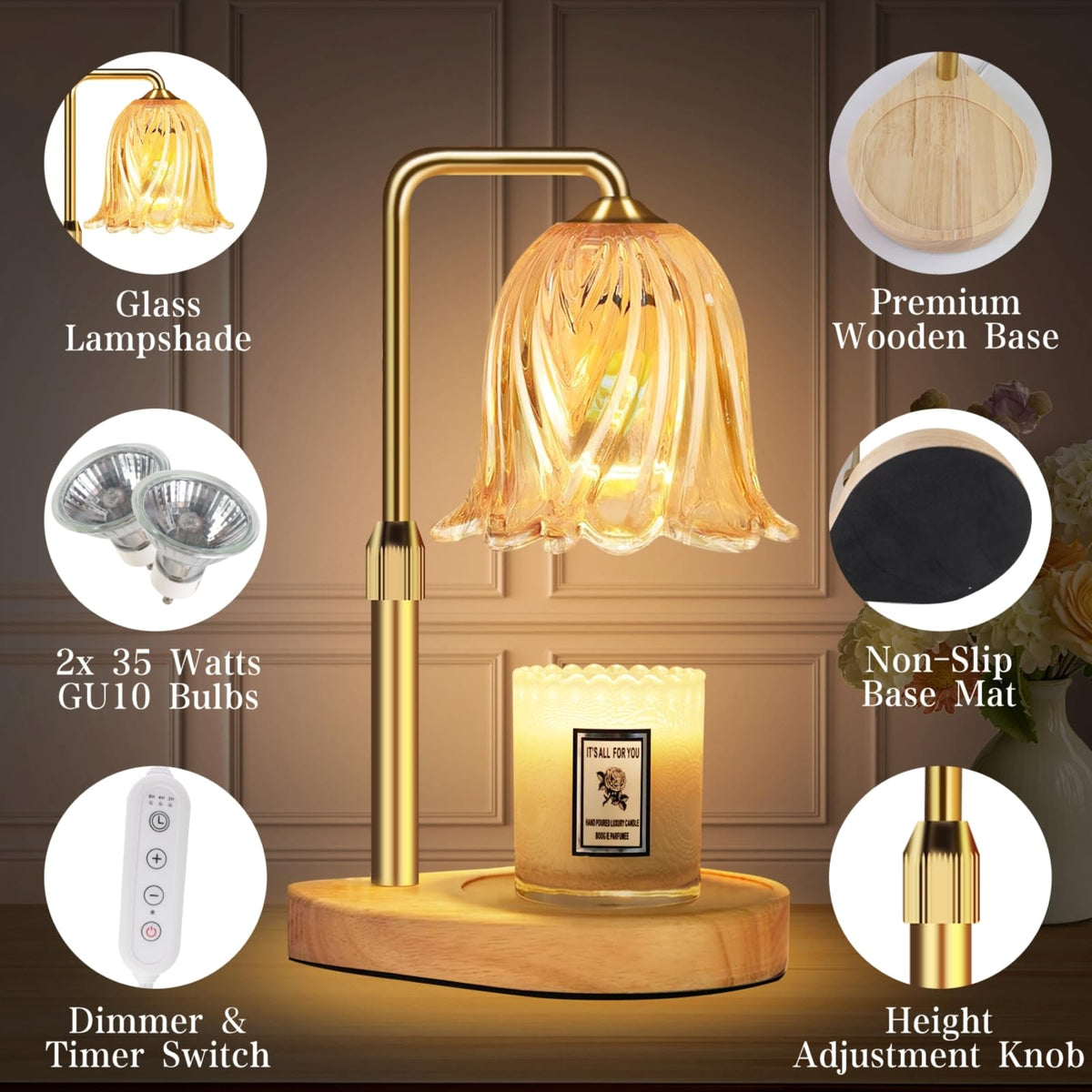 Candle Warmer Lamp with Timer Dimmable: Birthday Gifts for Women Adjustable Height Candles Light Warmers Lamps Gold Crystal Candle Warmer, House Warming Gift New Home Decor, for Women
