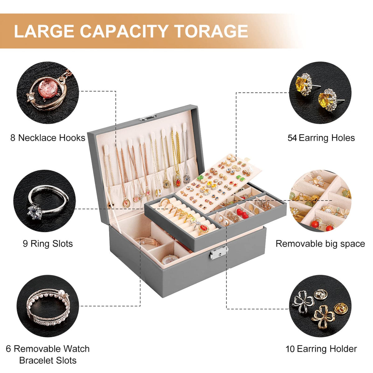Jewelry Box for Women Girls 2 Layer Leather Travel Jewelry Organizer Storage Case with Lock and Removable Tray for Necklace Earrings Rings Bracelets Gift, Come with Polishing Cloth and Jewelry Bags