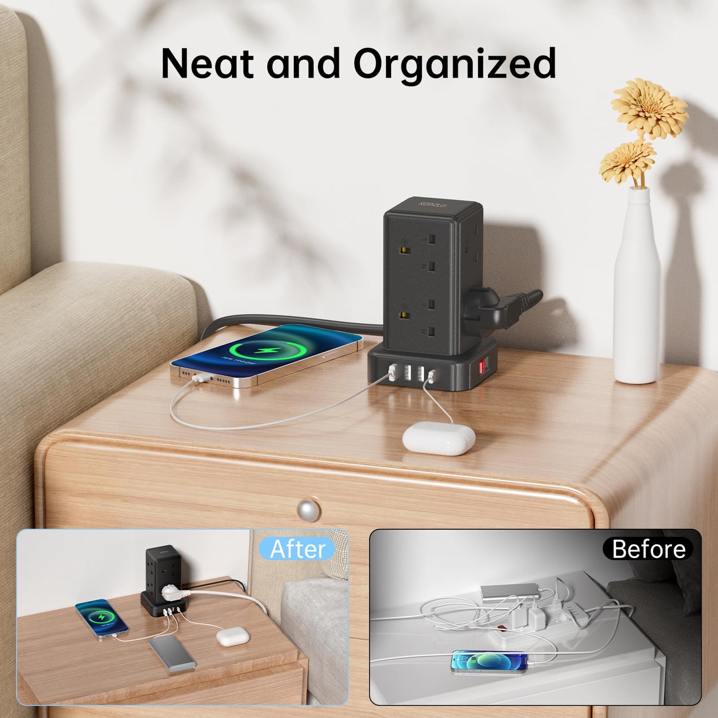 Kemelo Tower Extension Lead with 8 Way Multi Plug & 4 USB Ports (13A 3250W), Mini Power Strip with Switch, 2M Extension Cable Surge Protection for Home, Kitchen, Office