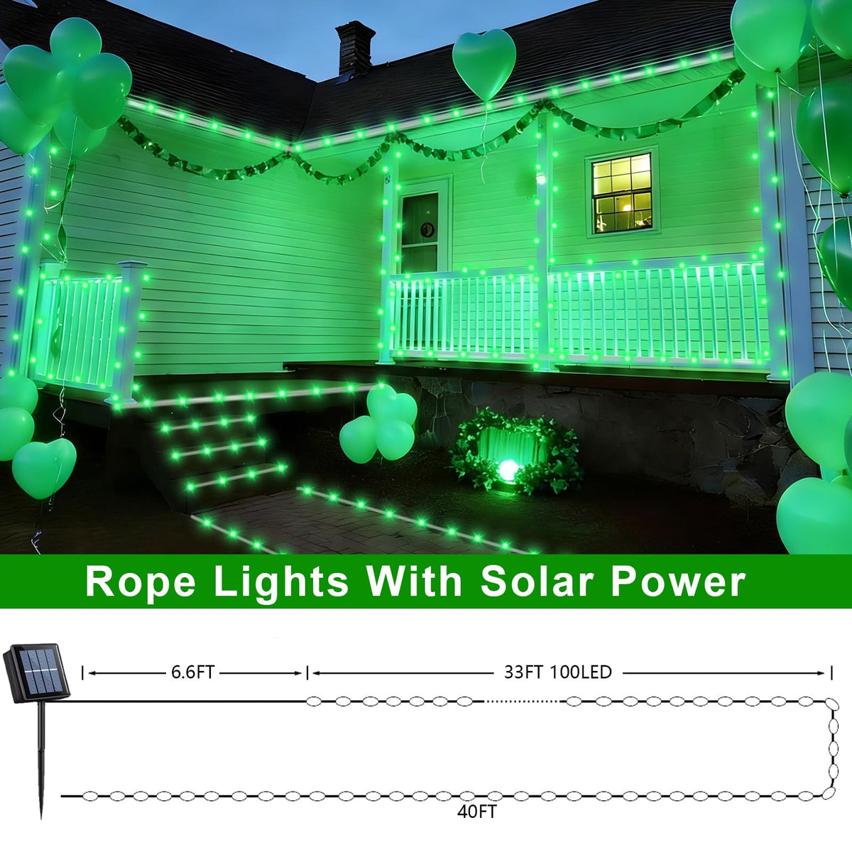 QITONG 2 Pack Green Solar Rope Lights, Each 33ft 100 LED String Lights Outdoor, 8 Modes Fairy Lights in Clear PVC Tube