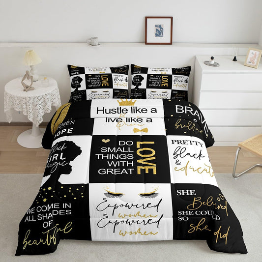 Feelyou Black Woman Comforter Set Luxury Black Golden Queen Bedding Set for Girls Women Buffalo Plaid African Woman Decor Comforter Brave Girls Comforter Inner Fill Bedroom Duvet Set Queen Size