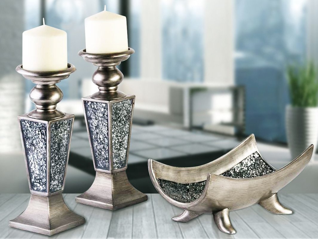Creative Scents Schonwerk Silver Pillar Candle Holder Set of 2 - Crackled Mosaic Design - Centerpiece Table Decoration - Coffee Table Decor - Decoration Centerpiece for Living/Dining Room - Best Gift