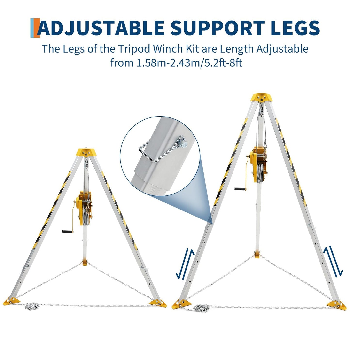 Adjustable Confined Space Tripod Rescue System – 2600 Lbs Winch, Self-Locking Safety, 98 ft Steel Cable, Safety Harness & Storage Bag, for Well, Sewer, Manhole, Tank Operations (Fall Protection)