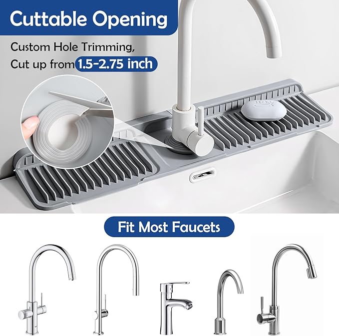 24"Longer Silicone Faucet Mat For Kitchen Sink Splash Guard -7° Slope Snap