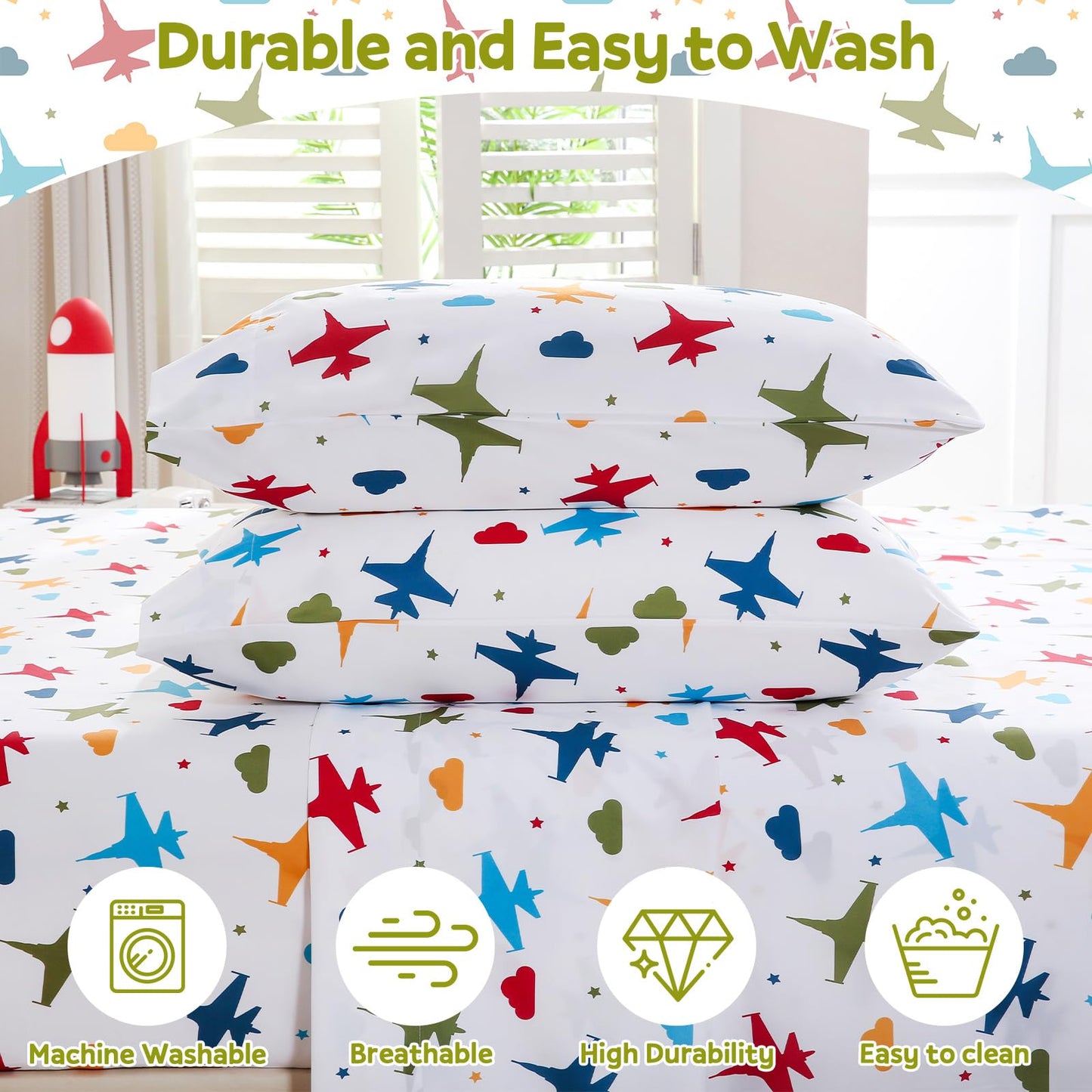 ChicView Twin Sheet Set Kids,3 Pieces Breathable Soft Microfiber Bedsheets for Child Boys Girls, Anti Pilling Deep Pockets Easy Care Bed Sheets, Aircraft