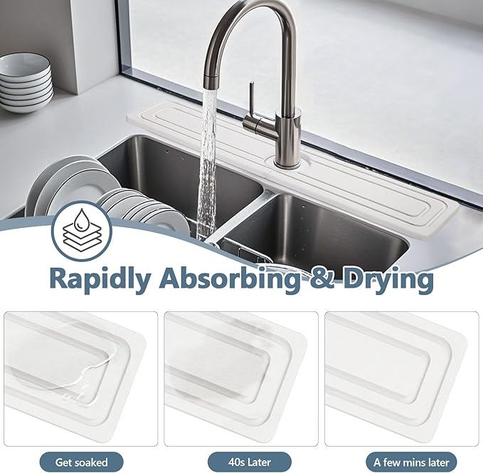 Faucet Mat for Kitchen Sink, Rapidly Absorbing Diatomite Fast Drying Stone
