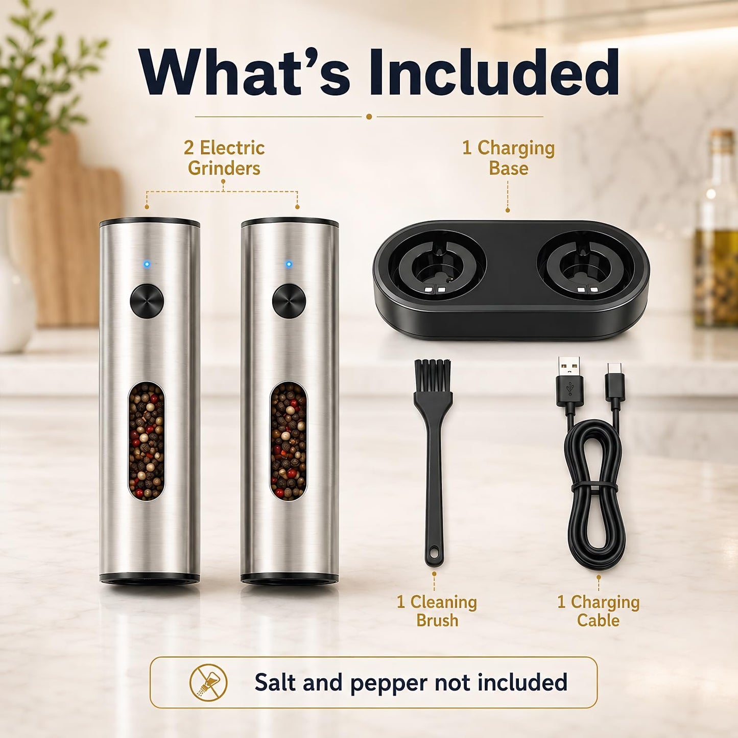 TeSabMi Electric Salt and Pepper Grinder Set, Rechargeable with USB C Charging Base, 110ml Large Capacity, 5-Level Adjustable Coarseness, Stainless Steel, LED Light, Automatic