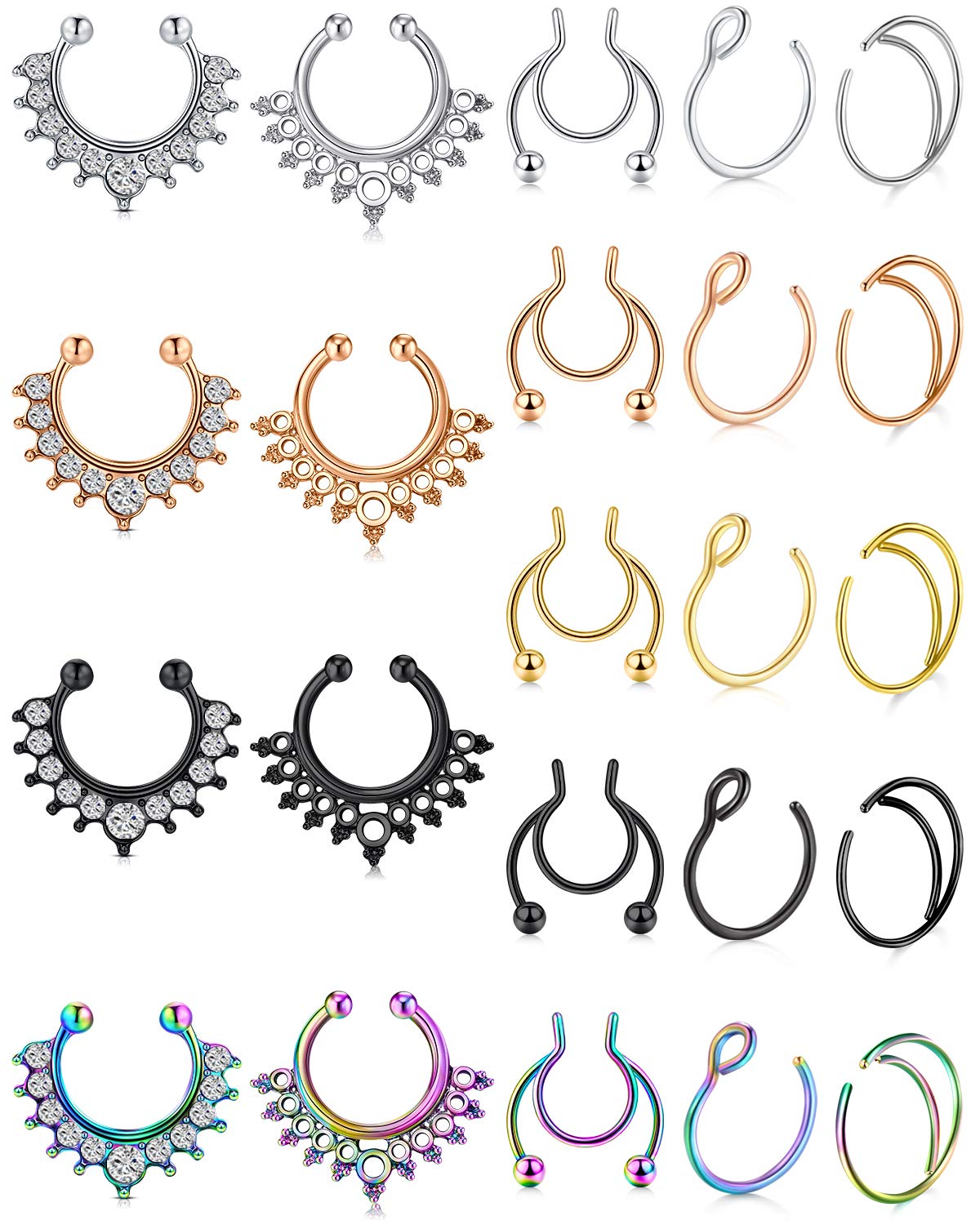 D.Bella Fake Septum Nose Rings Hoop Stainless Steel Faux Lip Ear Nose Septum Ring Non Piercing Clip On Nose Hoop Rings Body Piercing Jewelry