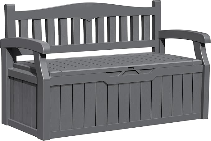 Greesum 80 Gallon Outdoor Storage Bench, Resin Patio Furniture with Armrest,Waterproof and UV-Resistant, Perfect to Garden, Poolside and Lawn, Dark Grey