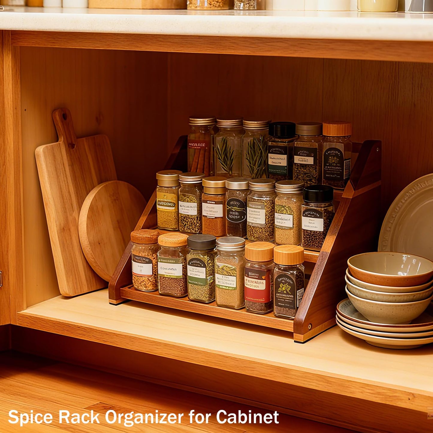 Arflo Acacia Wooden Spice Rack for Countertop - 3 Tiered Spice Rack Organizer for Cabinet - Kitchen Spices Organizers Holds 21 Jars - Spices Shelf for Kitchen Storage Pantry Seasoning Organizer