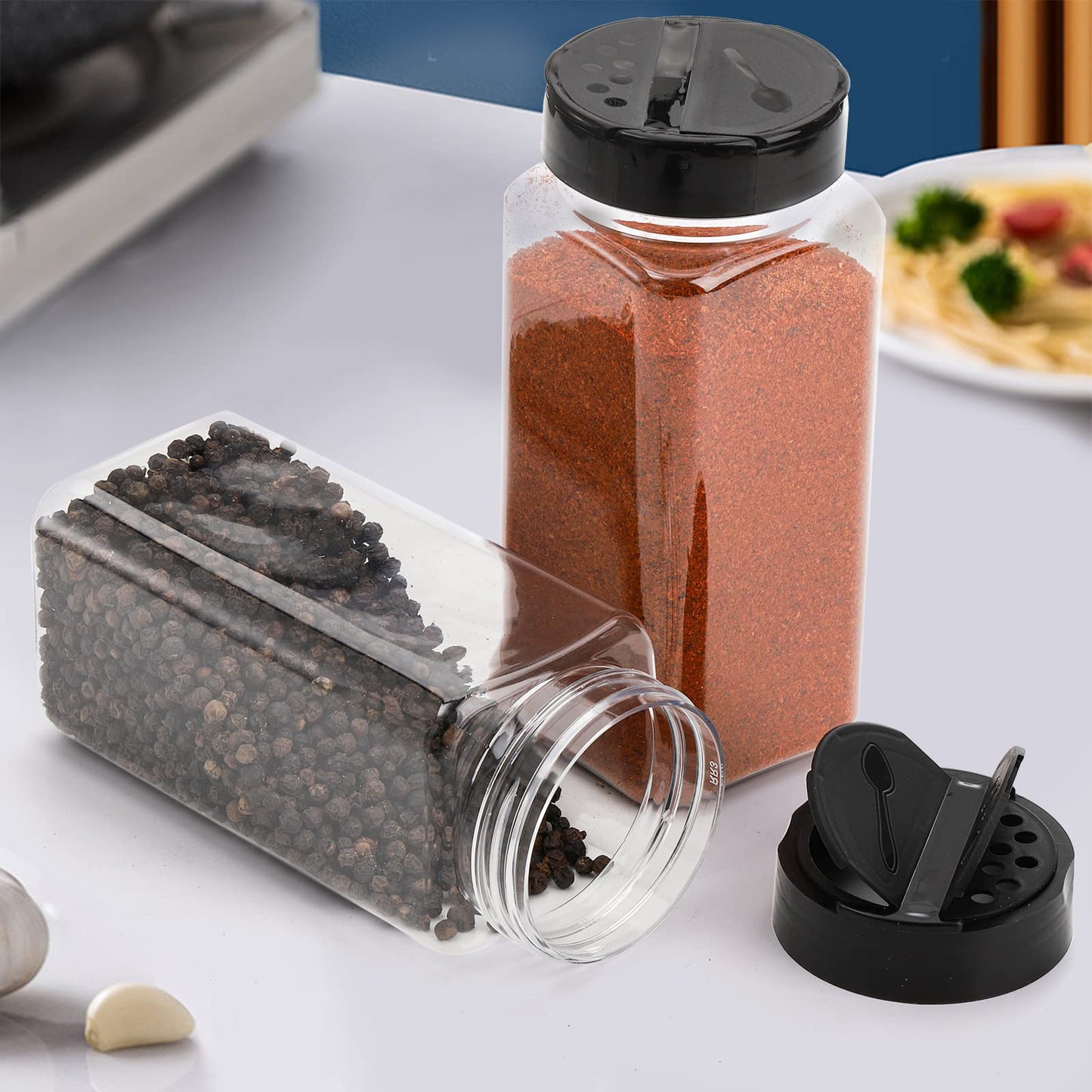 Hacaroa 16 Pack 20 Oz Plastic Spice Jars with Shaker/Pourer Lids, Square Large Empty Seasoning Containers Clear Spice Bottles for Dry Food, Condiments, Herbs, Powders