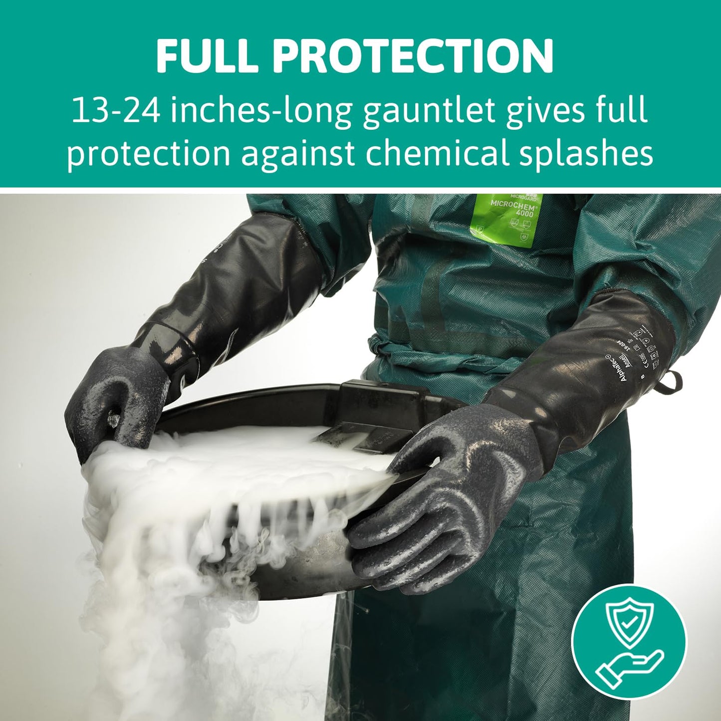 Ansell AlphaTec 87-108 Chemical Resistant Gloves in Latex with Long Cuff (61cm/24in), Heavy Duty Protection against Acids and Solvents, Reusable Rubber Latex Gloves, Black, Size L (1 Pair)