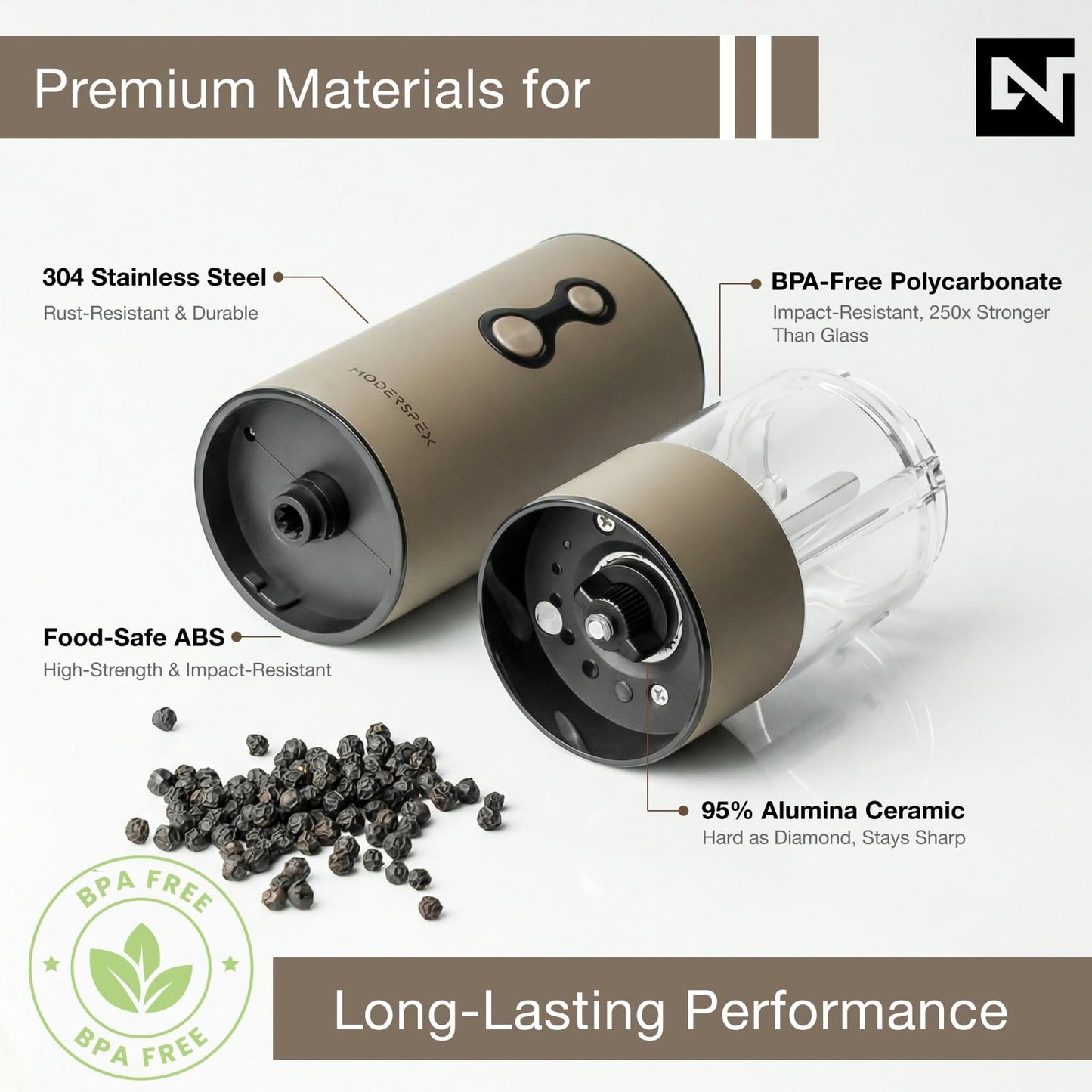 Electric Salt and Pepper Grinder Set USB-C Rechargeable, Dual-Speed Automatic Salt and Pepper Mills with 9 Adjustable Coarseness, Ceramic Burr, LED Light, Refillable, (Taupe Brown）