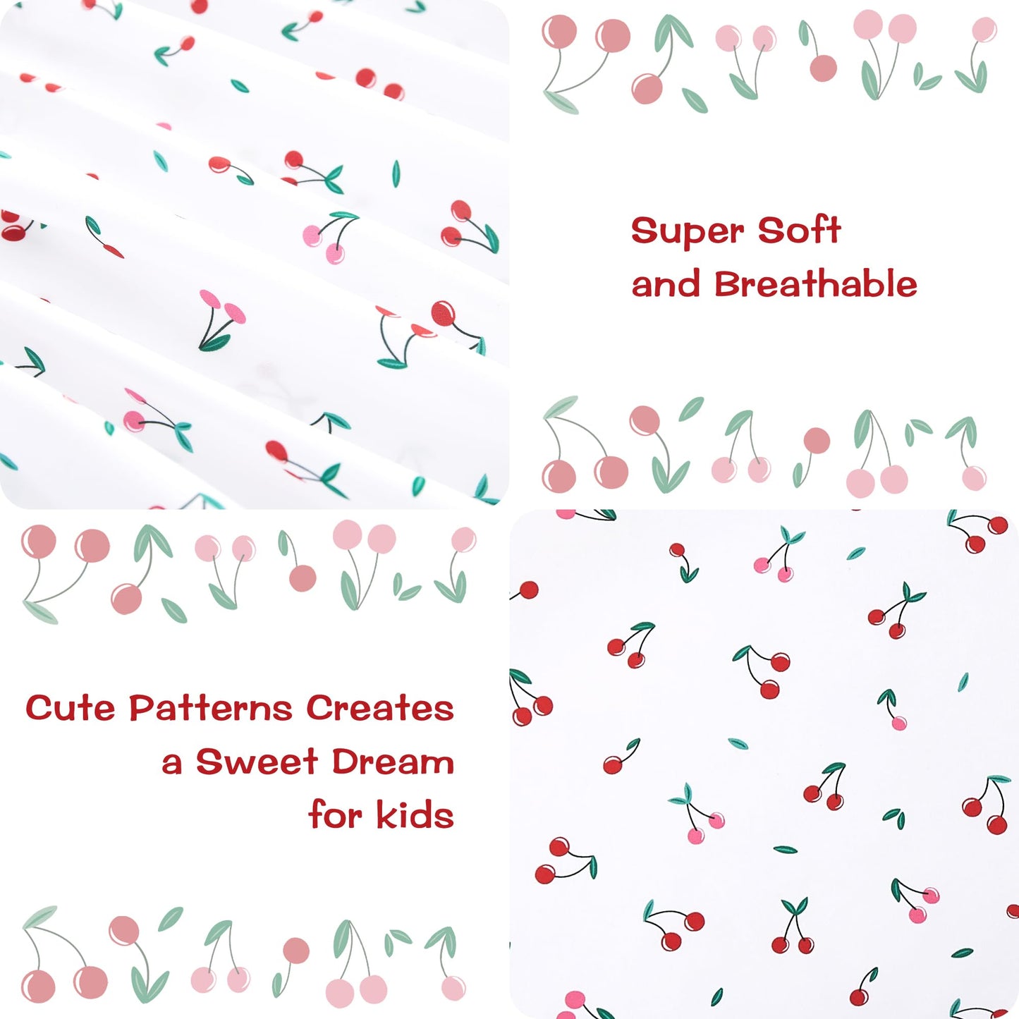 lasoftan Kids Sheet Set Twin Size, Twin Sheet Set with Little Cherry Pattern，Breathable Silky Soft Microfiber Kids Fitted Sheet
