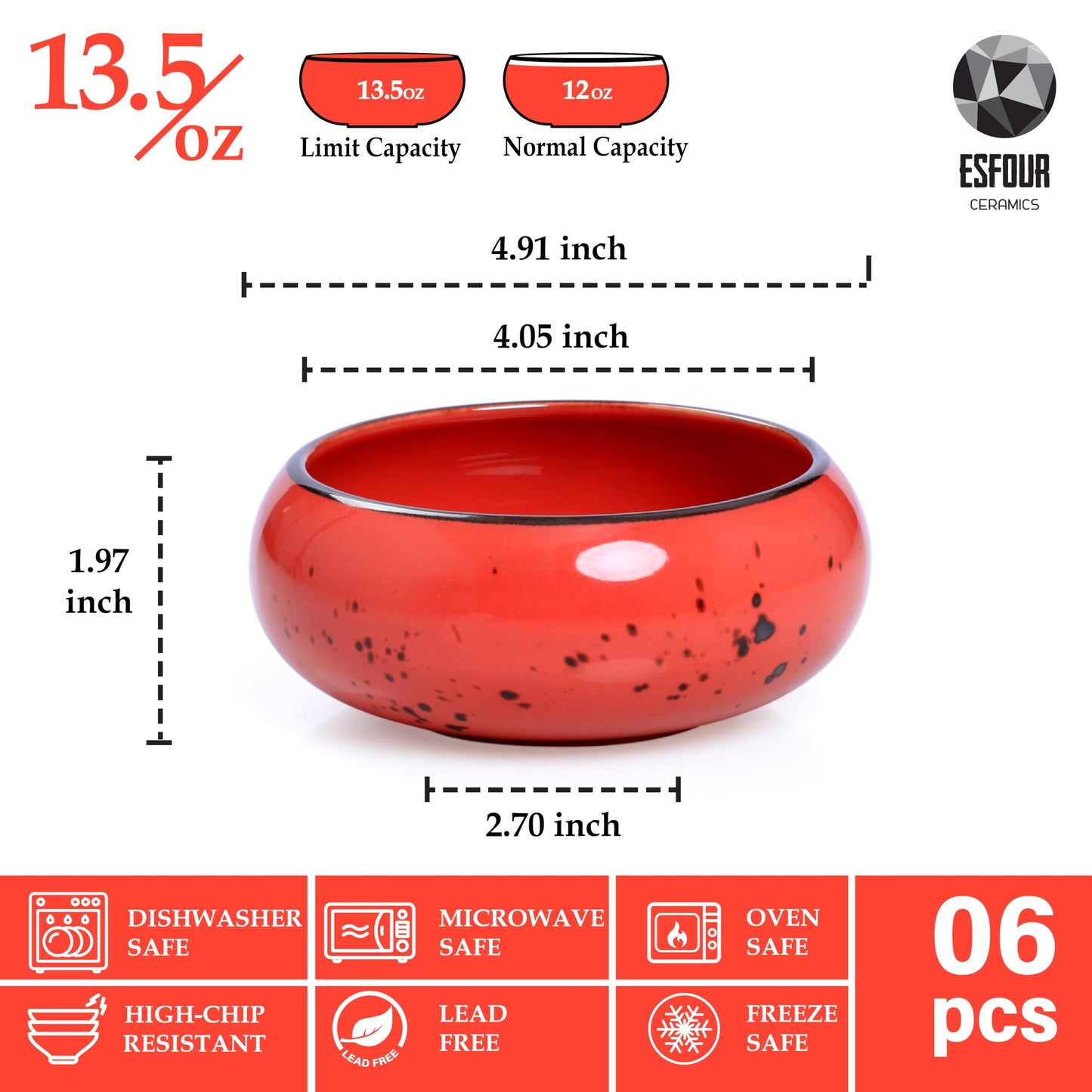 Esfour Ceramics Small Hand Craft Dessert Bowls - 13.5oz, Set of 6 - Microwave, Oven, Dishwasher Safe, Ice Cream, Soup, Snacks, Rice, Cereal, Chili, Side Dishes, Dips, Ideal Gift - Vivid Assorted Color