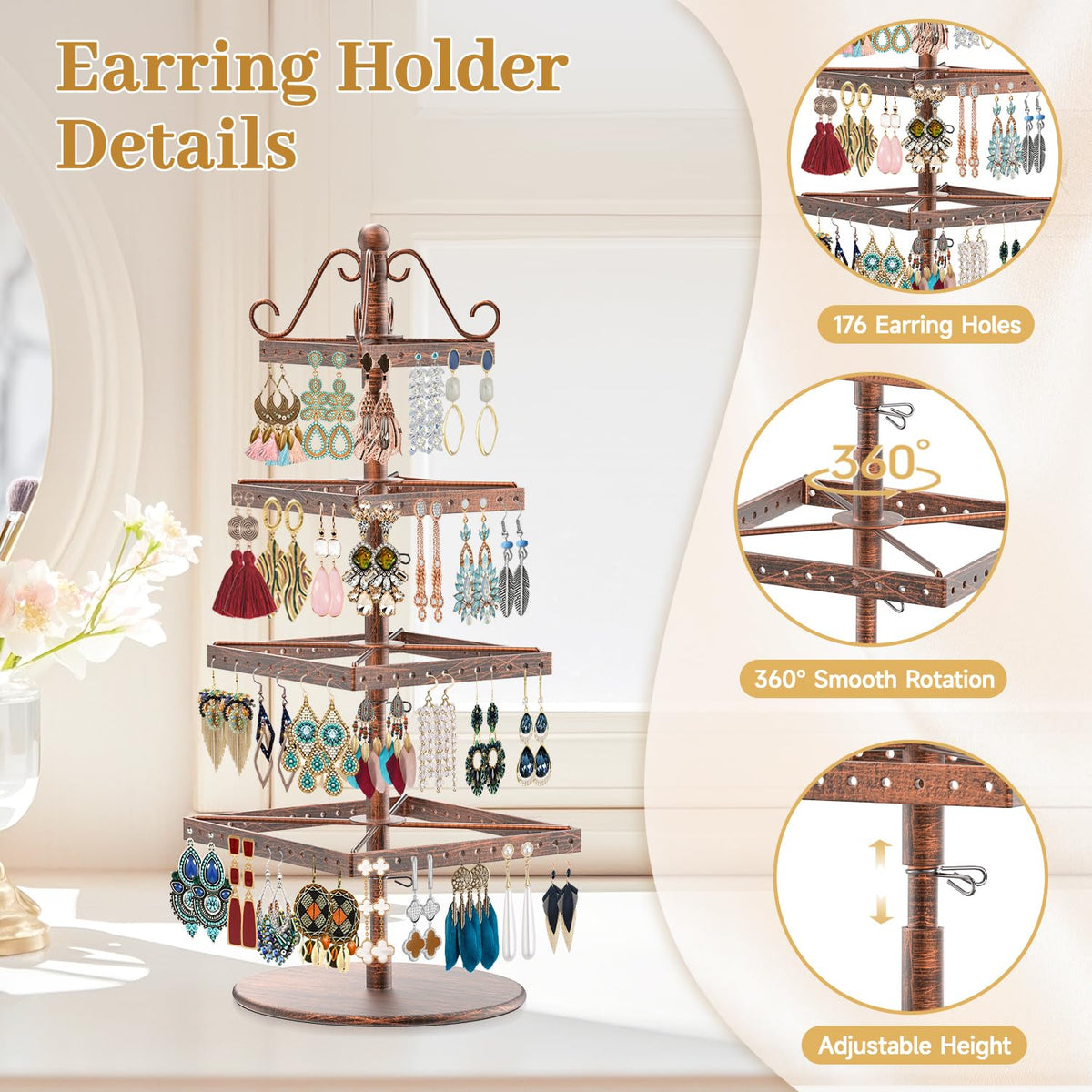 MODOWEY Rotating Earring Holder Organizer Stand, 4 Tier Adjustable Metal Display Tree, 176 Holes Earing Rack for Pierced Stud Dangle Hoop Storage, Space-Saving Jewelry Hanger Tower for Women, Bronze