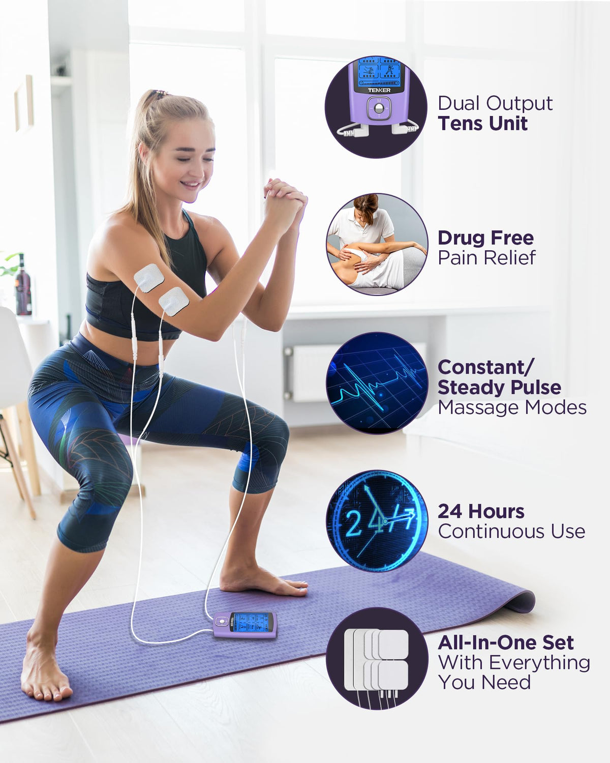 TENKER TENS Unit Muscle Stimulator, 24 Modes TENS EMS Machine for Pain Relief Therapy/Pain Management, Rechargeable Electronic Pulse Massager with 2"x2" and 2"x4" TENS Unit Electrode Pads