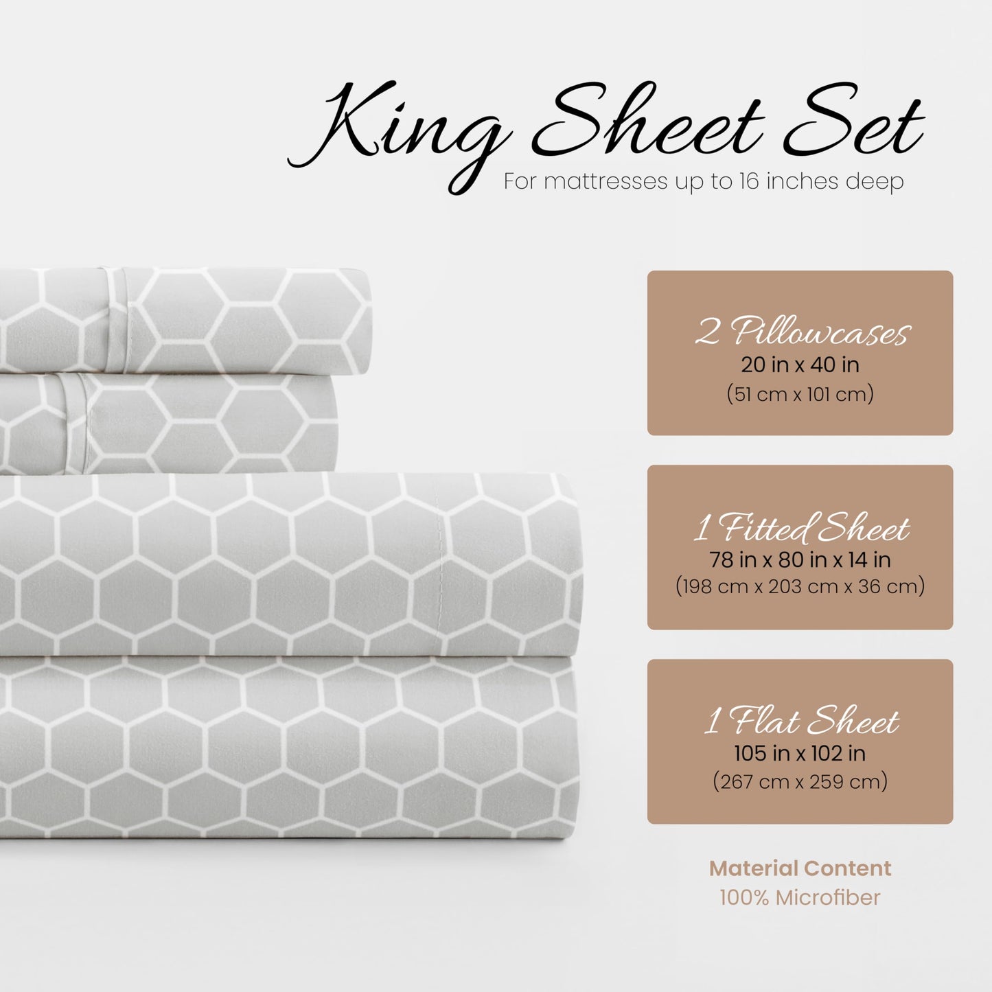 Linen Market 4 Piece King Sheet Set - Breathable, Double-Brushed Patterned Cooling Sheets – Oeko-TEX Certified Ultra Soft & Wrinkle-Free 16" Deep-Pocket King Sheets - Easy Care Honeycomb Light Gray