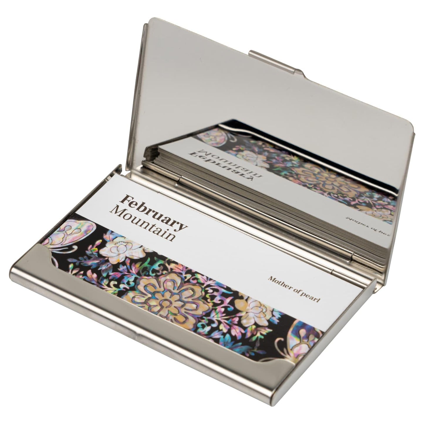 February Mountain Mother-of-Pearl Business Card Holder – Korean Deer and Mountain Landscape | Unique Asian Art Office Gift for Men & Women | Elegant Card Case for Professionals