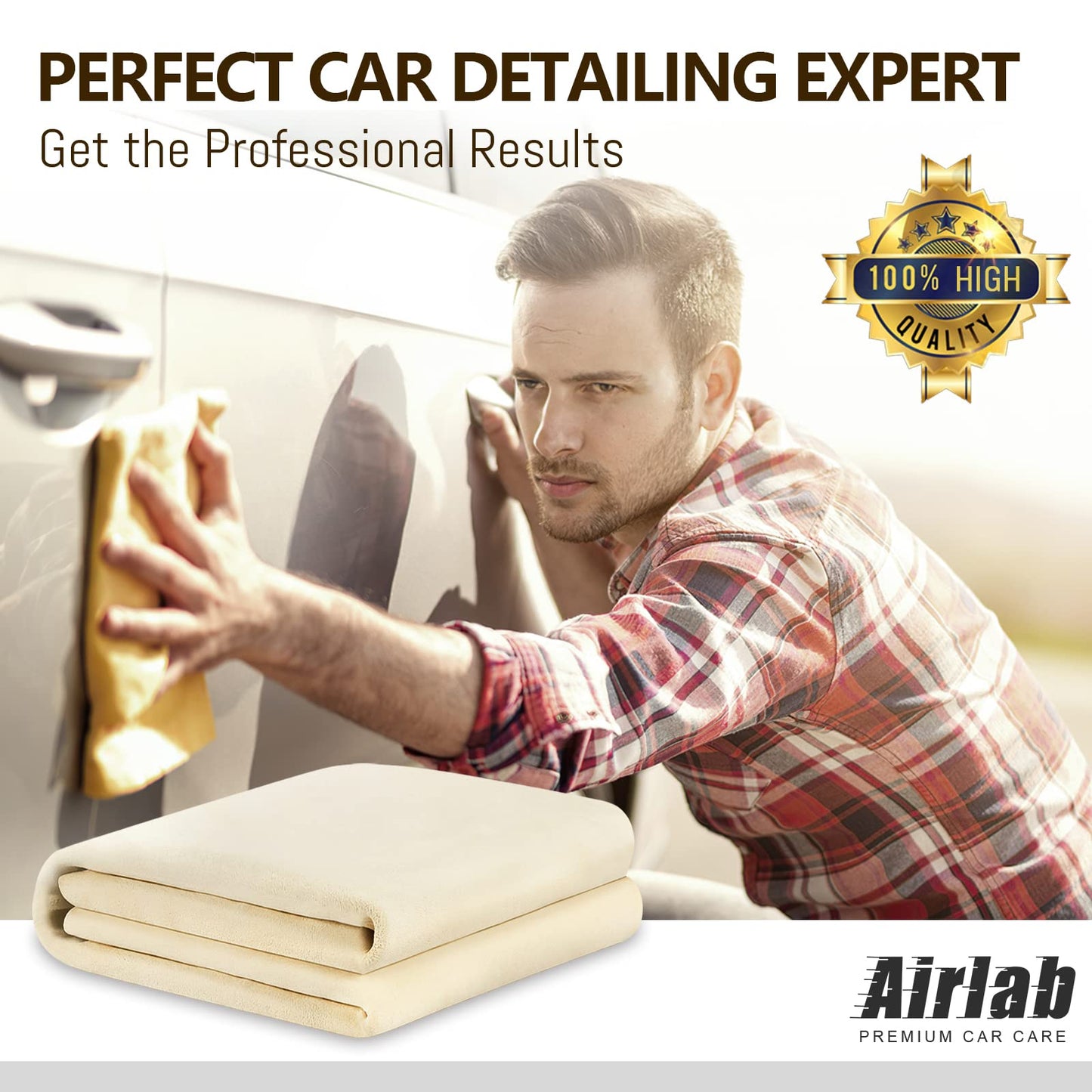 Airlab Large Genuine Chamois Leather XXL/90x60 cm, Shammy Leather Cloth, Car Washing Drying Towel, Natural Real Leather Cleaning Wipes for Mirrors, Glasses, Window, Display, Bathroom & Kitchen