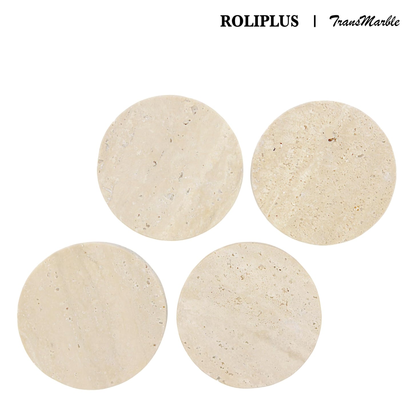 Natural Elegant Set of 4 Round Travertine Stone Coasters with Cork Backing - Absorbent Drink Coasters for Home and Office