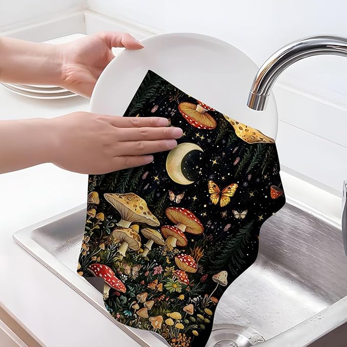Mushroom Moth Kitchen Towels Decorative Set of 4, Witchy Dish Towels Absorbent