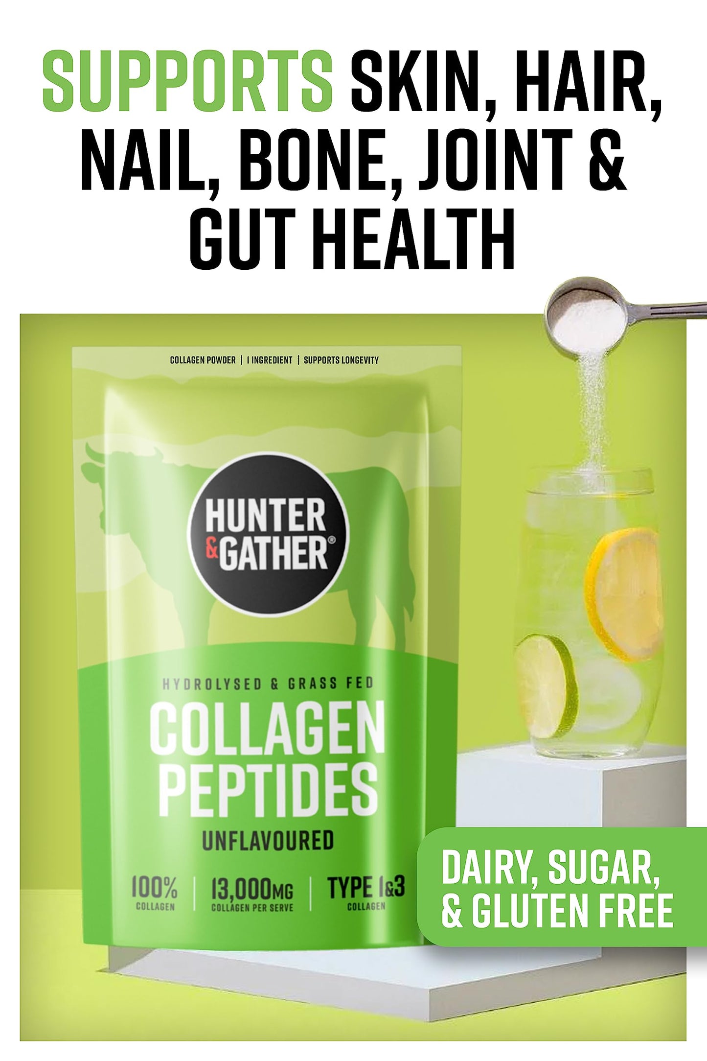 Hunter & Gather Grass Fed Bovine Collagen Powder 400g | Pure Unflavoured Premium Hydrolysed Bovine Collagen Peptides Powder for Hair Skin Nails Muscles | Collagen Supplements for Women and Men