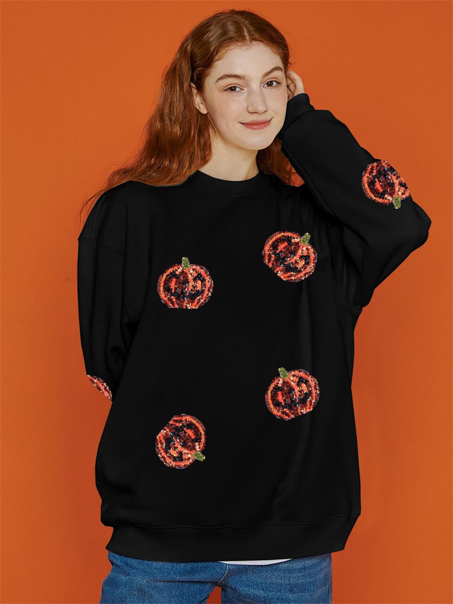 VILOVE Halloween Pumpkin Sequin Sweatshirt Women: Pumpkin Face Long Sleeve Tops Fall Pumpkin Hoodie Halloween Party Pullover Black