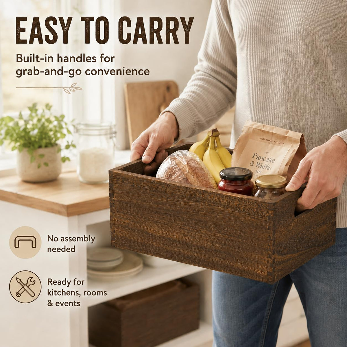 BOY MCOWBOY Wooden Crates for Display 5 Pack Extra Large Rustic Nesting Wooden Basket with Handle, Farmhouse Wood Crate for Storage and Container Multipurpose Wood Basket for Fruits Vegetables Boxes