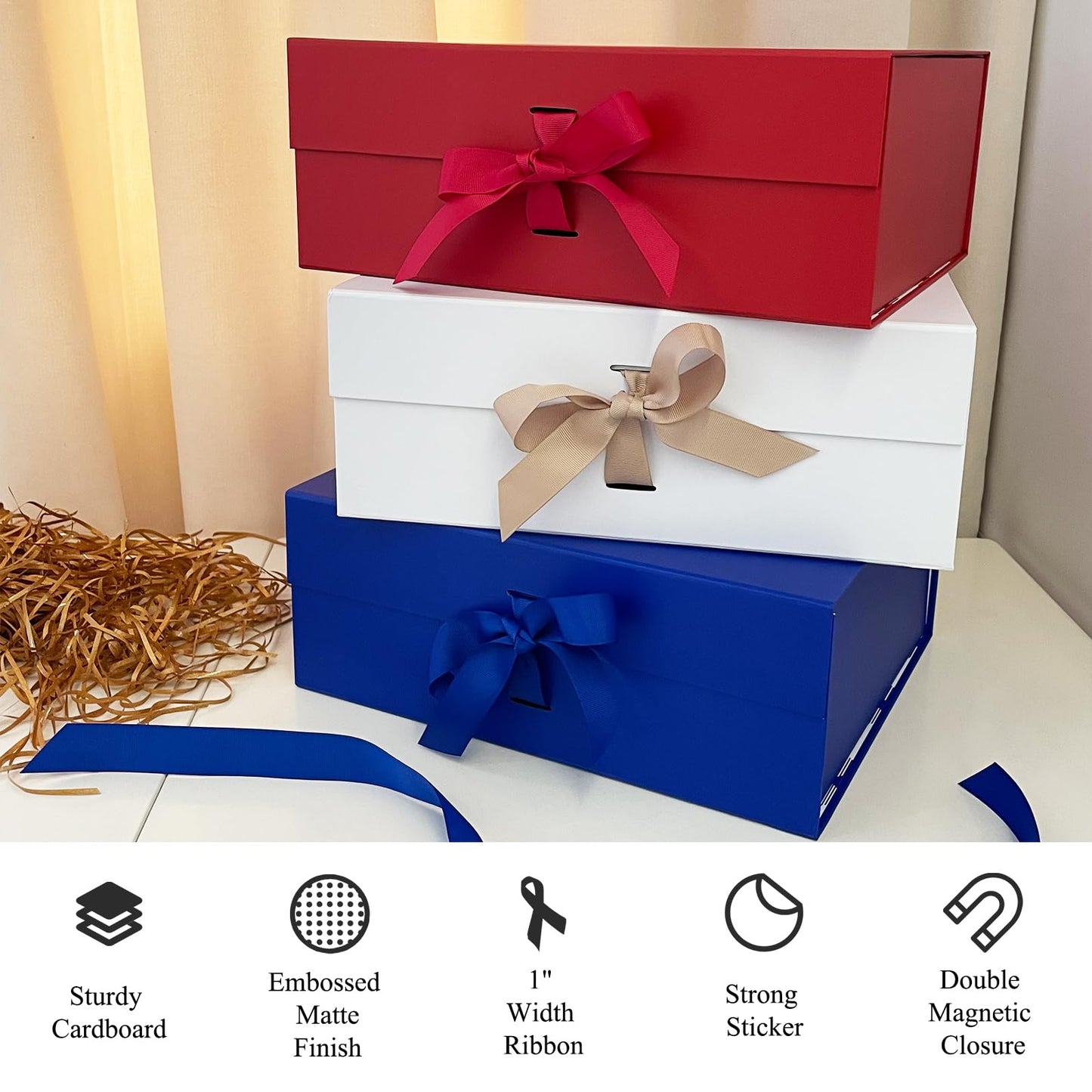 Tekhoho White Large Gift Box 33.5x27x12.5 cm, Premium Present Box with Magnetic Lid and Ribbon for Holidays Wedding Birthday Gift Packaging, Plaid Lining