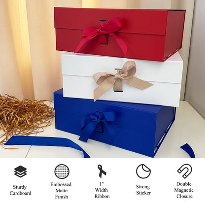 Tekhoho White Large Gift Box 33.5x27x12.5 cm, Premium Present Box with Magnetic Lid and Ribbon for Holidays Wedding Birthday Gift Packaging, Plaid Lining