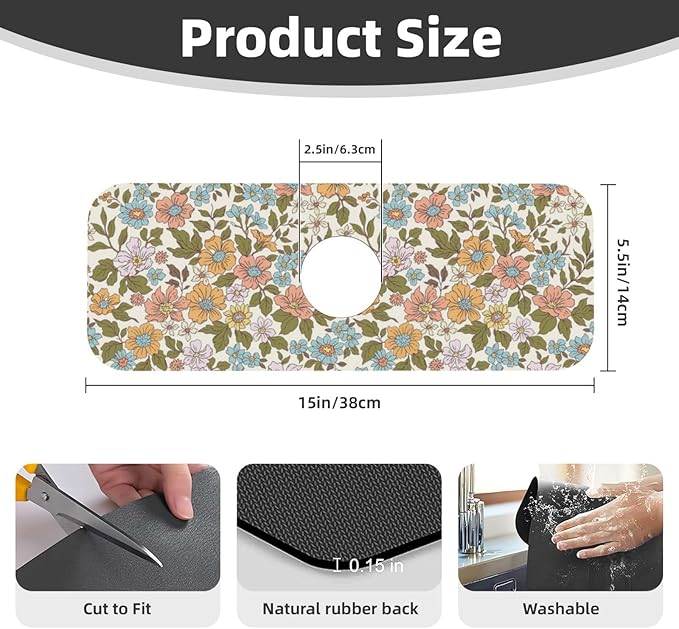 Faucet Draining Mat For Kitchen Sink, Colorful Flowers Floral Diatom Mud