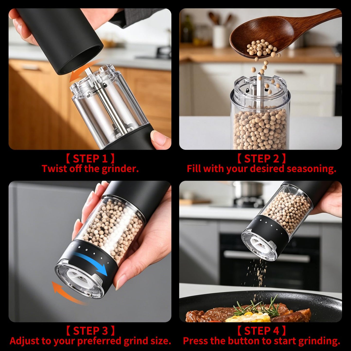 Electric Salt and Pepper Grinder Set - Rechargeable Automatic Salt and Pepper Shakers, External Adjustable Coarseness, LED Light, USB Rechargeable,Home Gifts, Black (Set of 2)