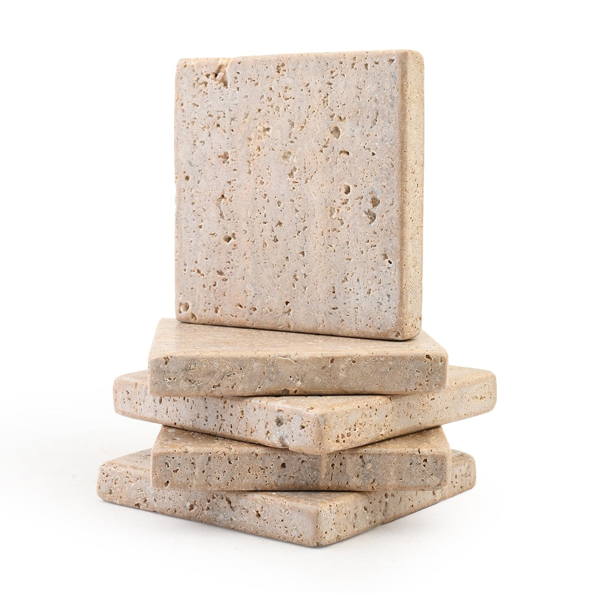 Perilla Home Handcrafted 4-4" Travertine Coaster - Set of 6 Square Coaster for Home, Kitchen or Office, Natural Absorbent Coasters for Hot & Cold Beverages Perfect Table Accessories for Modern Living