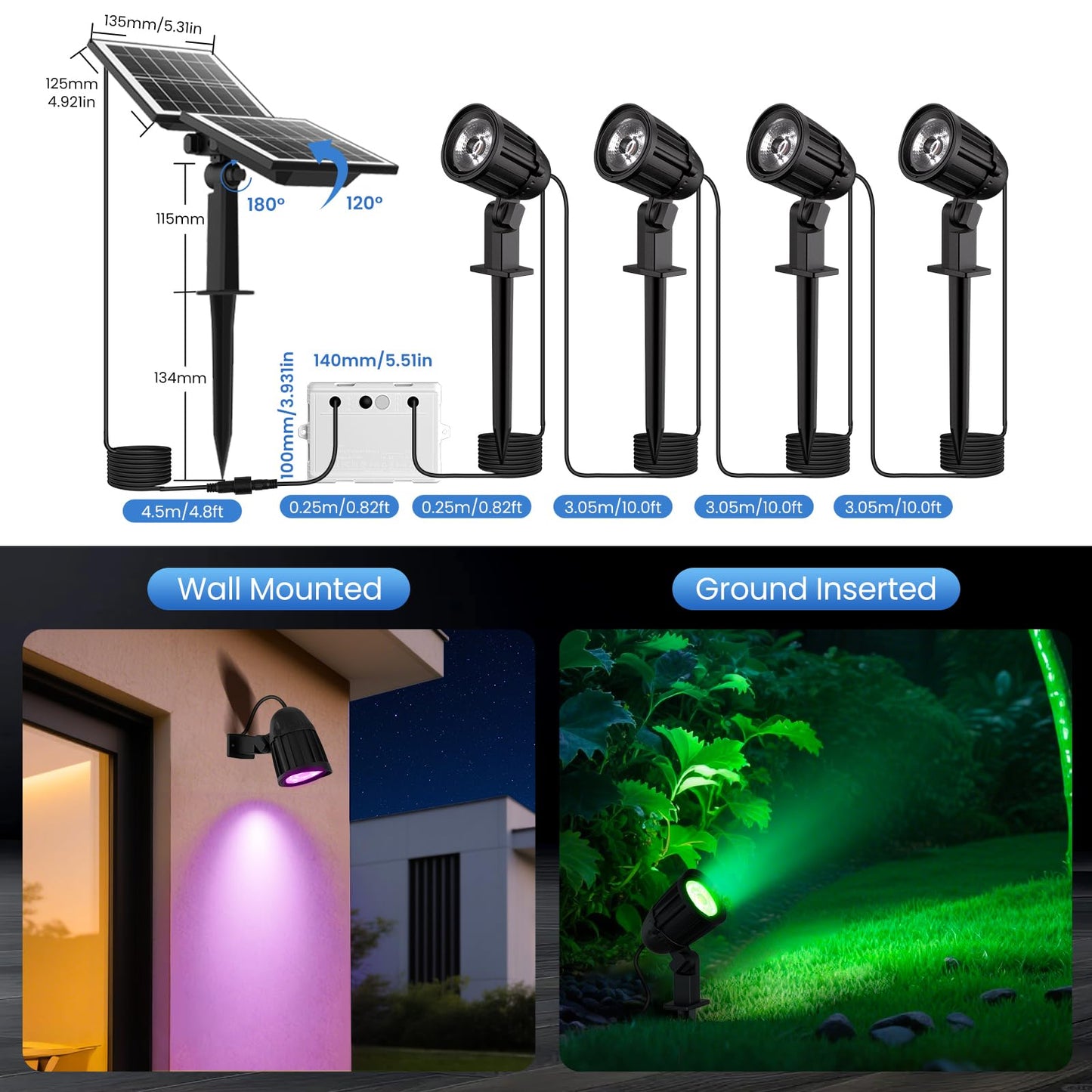 Linke Solar Spot Lights Outdoor Garden, 4 in 1 Colour Changing Led RGB Solar Powered Spotlights IP66 Spike Lights Remote Control Dusk to Dawn Landscape Spotlight for Yard Patio Lawn