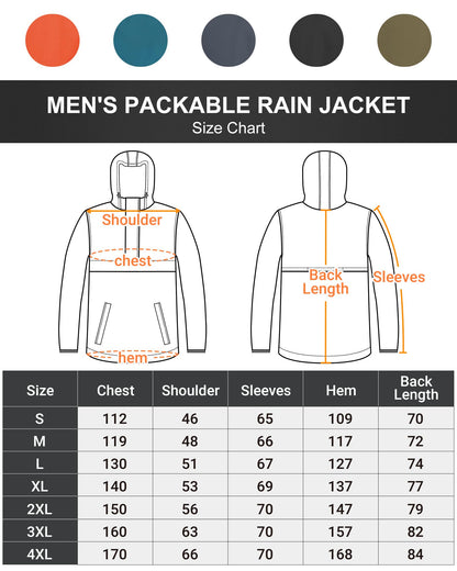 Outdoor Ventures Rain Jacket for Men Waterproof Pullover Lightweight Hooded Outdoor Raincoat Packaway Breathable Reflective Anorak Jacket for Travelling, Camping, Running, Hiking, Black L