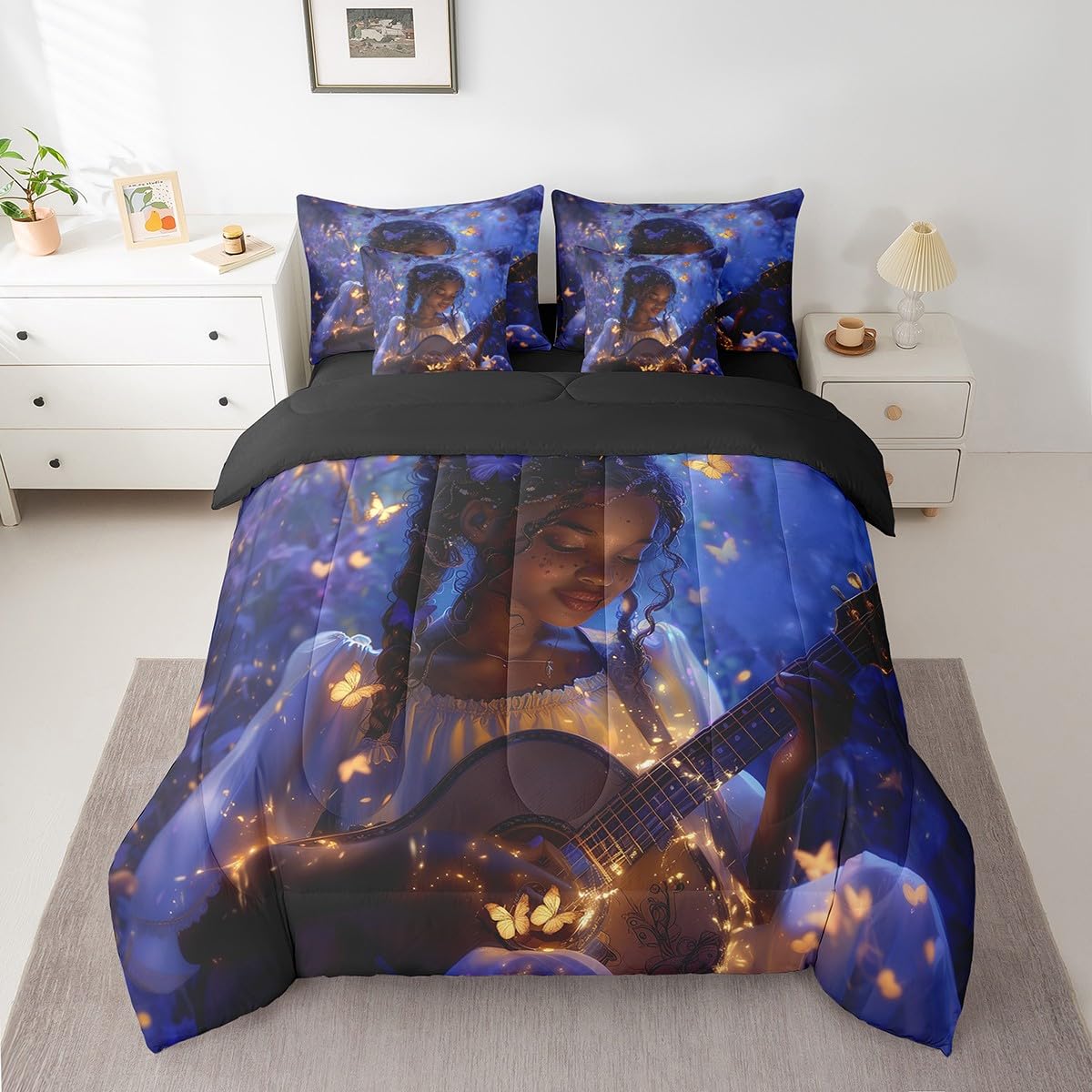 Boho Exotic Girl Comforter Set,Artistic Musical Guitar 7 Piece Bed Set Twin Size for Kids,Jungle Glowing Butterfly Bed in a Bag Bedding Set with Comforter,Sheet Set,Pillowcases,Pillow Covers