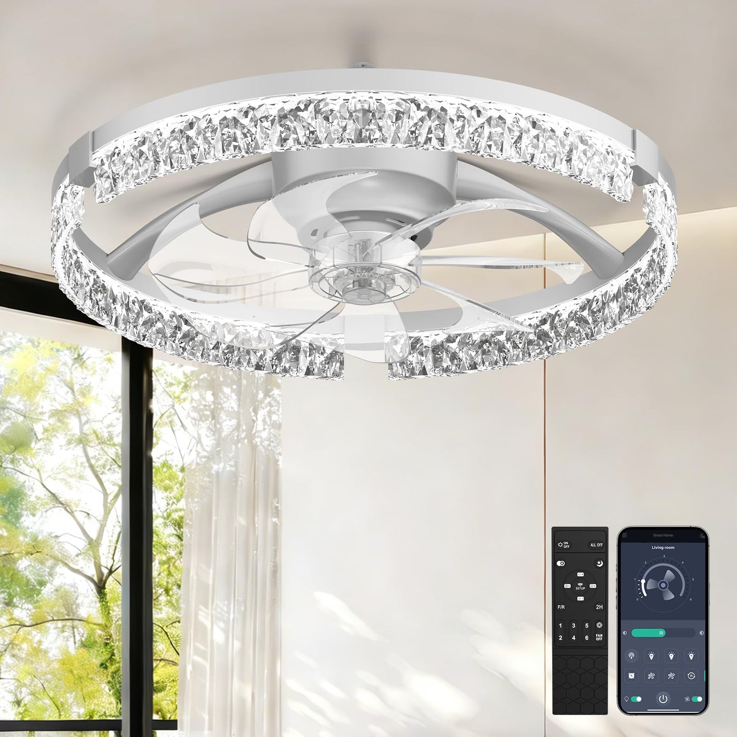 AIKVSXER 20" Low Profile Ceiling Fan with Light and Remote, Dimmable LED Flush Mount Ceiling Fan, 6 Speeds, White Modern Design for Bedroom/Living Room （White-Crystal）