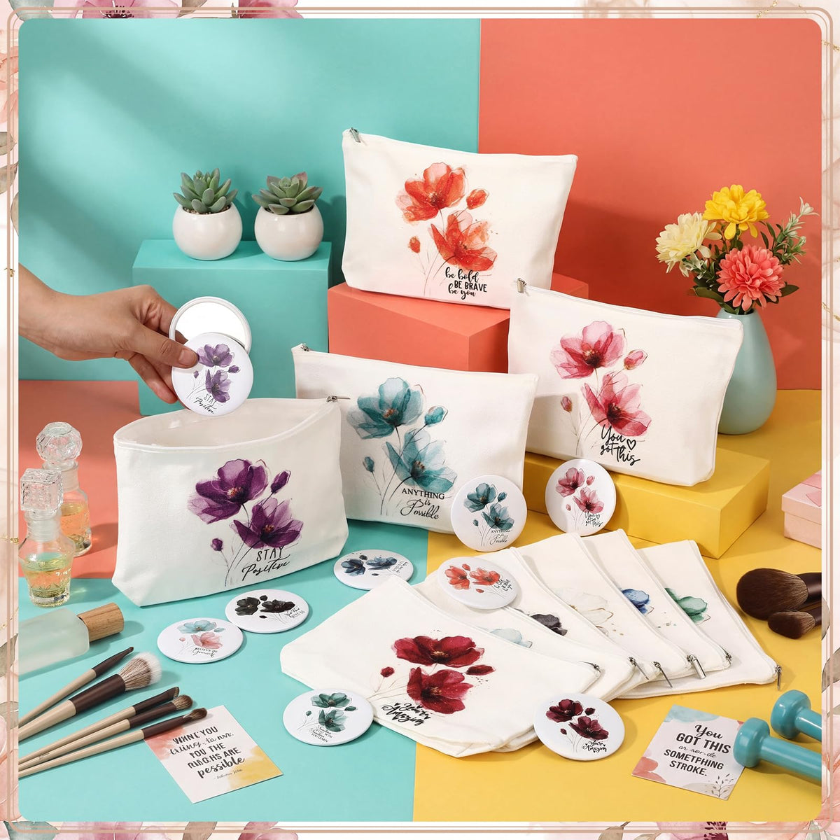 Sieral 20 Pcs Inspirational Appreciation Gifts for Women 10 Inspirational Canvas Makeup Bags 10 Compact Mirror Bulk Cosmetic Bags Portable Mirror Thank You Gifts for Coworkers Staff Friends