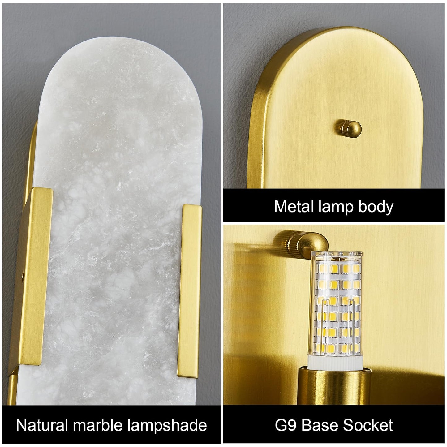 PNJXSRJH Natural Alabaster Wall Sconces, Modern Marble Gold Wall Sconce 14 inch Indoor Wall Lighting for Bedroom Bathroom Living Room Stairs (1-Pack)