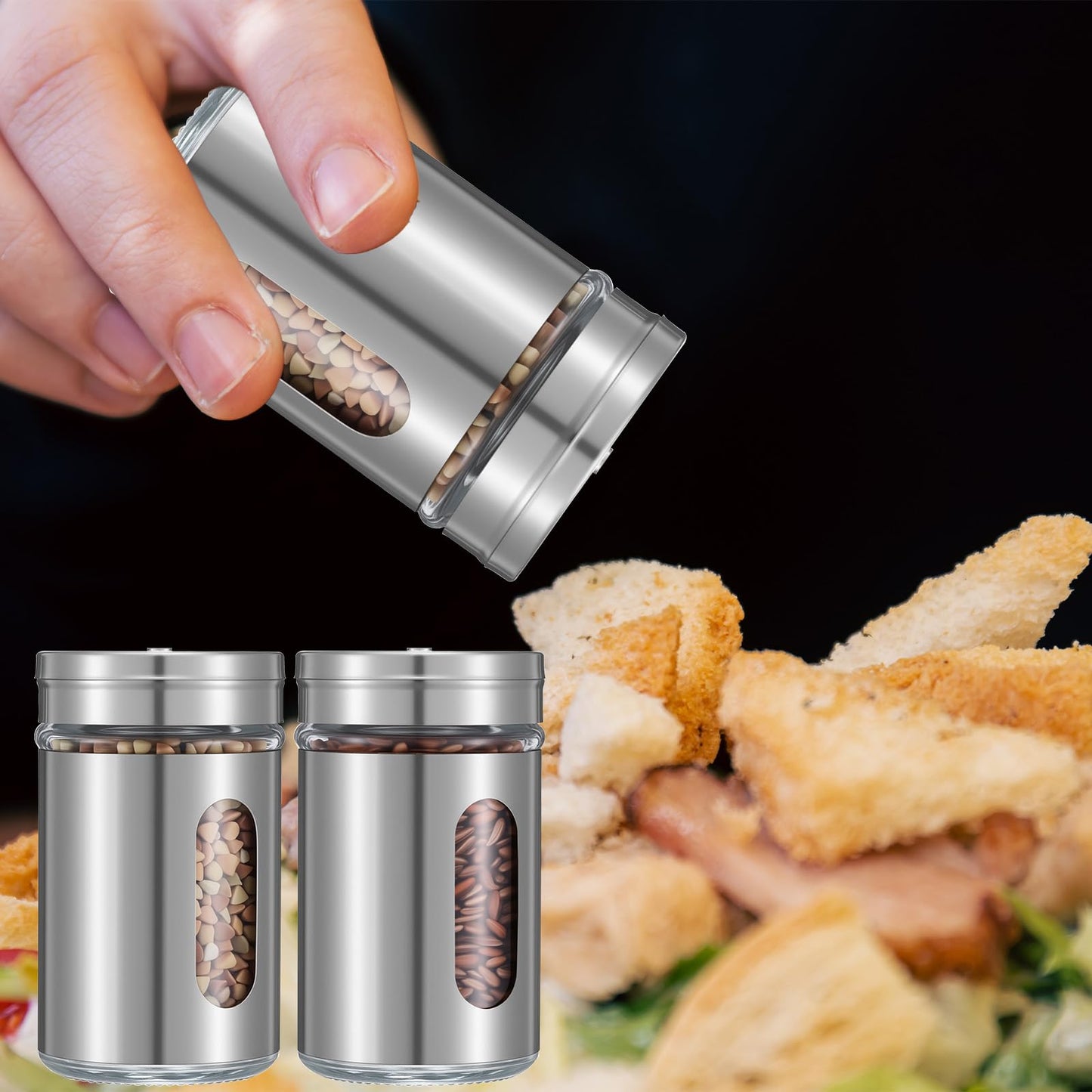 8 Pcs Premium Stainless Steel Salt and Pepper Shakers Set – Salt and Pepper Shakers,Stainless Steel Shaker for Salt Powder Sugar Cinnamon Pepper, Spice Dispenser with Adjustable Pour Holes, Silver
