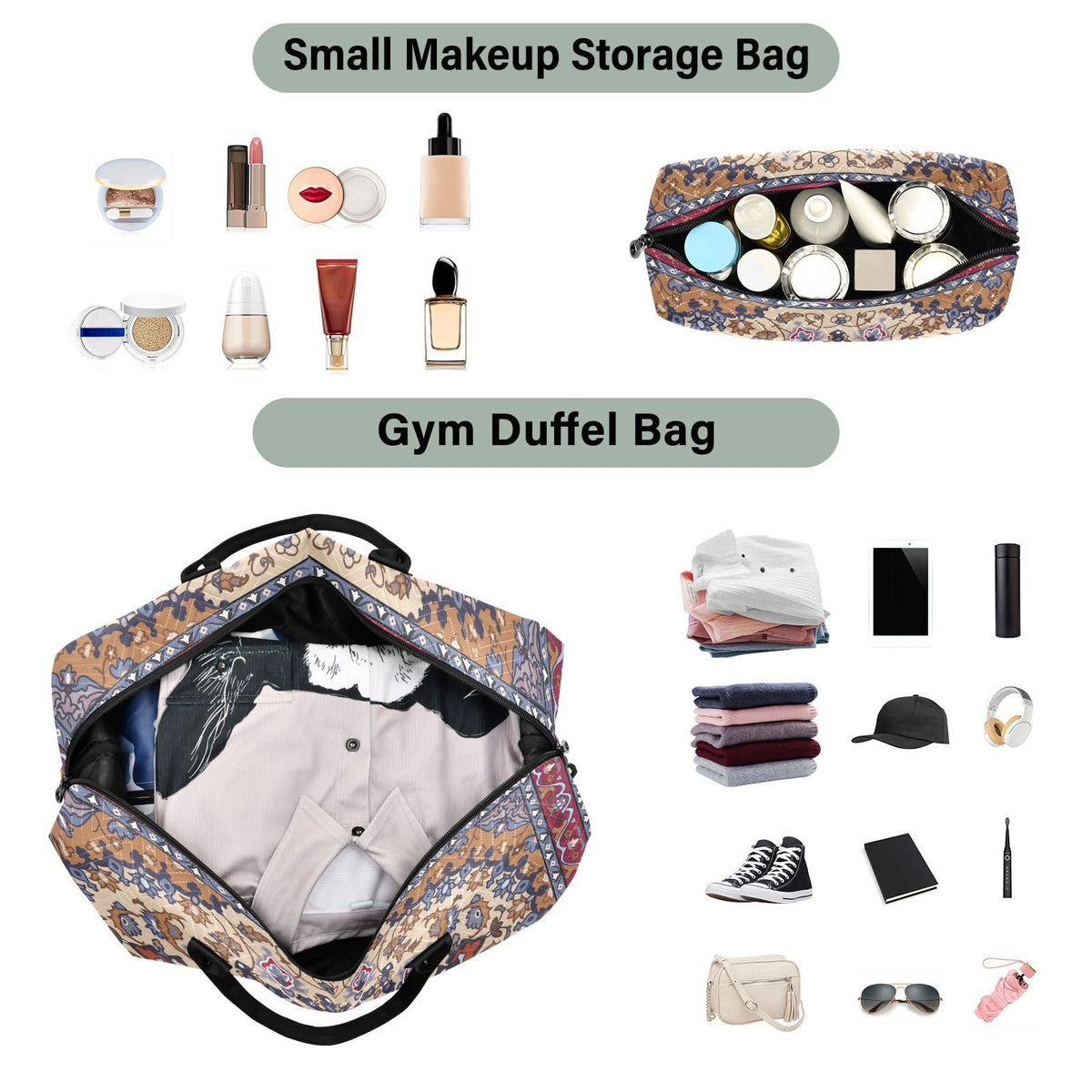 Aflyko Travel Duffel Persian Carpet Tribal Mandala Sport Tote Gym Weekender Overnight for Men Women Flight Approved Carry On Fitness Dance Go-To Daily, Medium