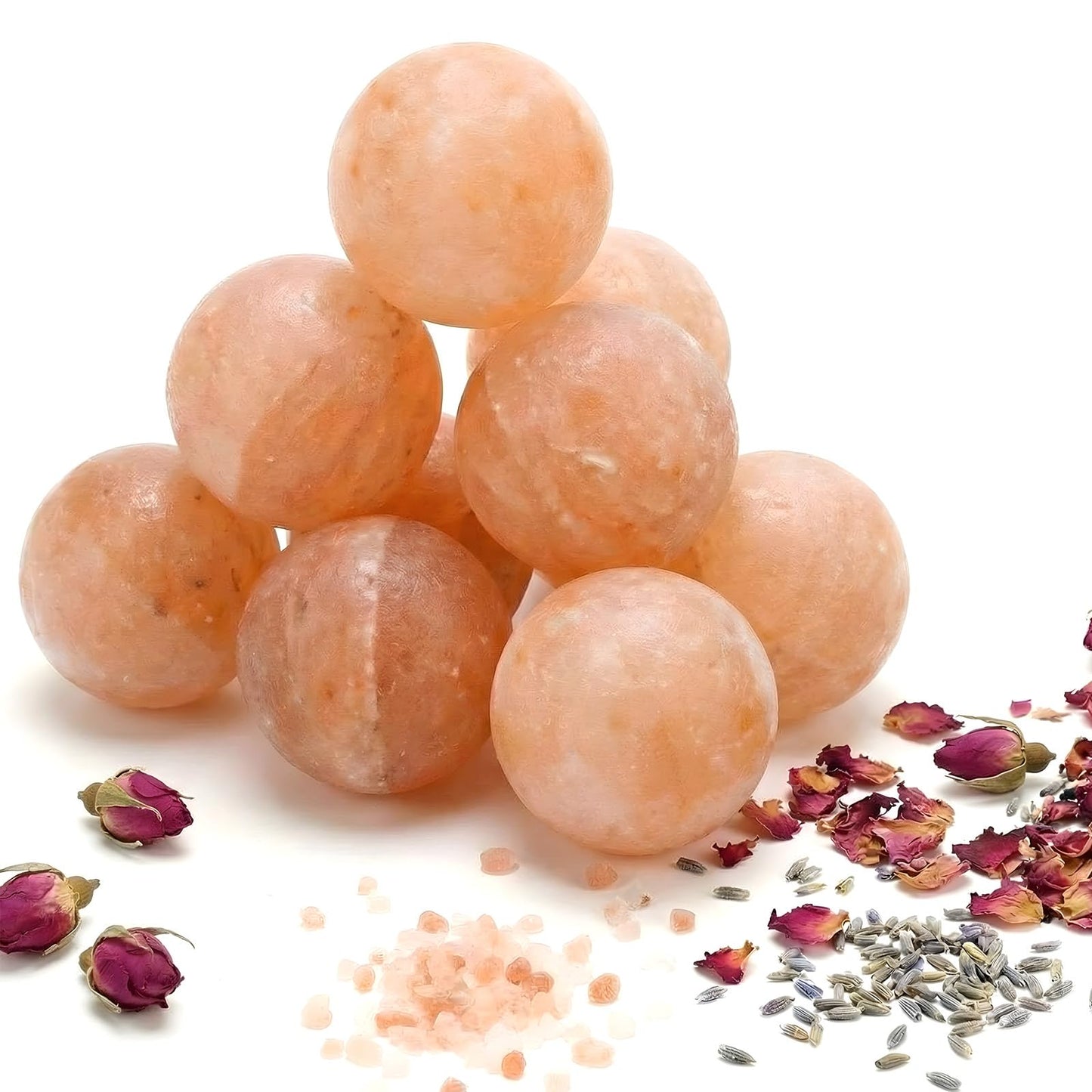 Swiffen Pack of 10 Round Ball Massage Stones, Pink Crystal Hand-Carved Stone for Massage Therapy, Deodorant and Salt and Sugar Scrubs, Spa Himalayan Salt Rocks, 1.97 Inch