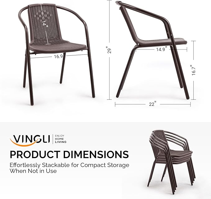 VINGLI PE Rattan Outdoor Dining Chairs Set of 1, Plastic Stackable Patio Chairs for Indoor, Porch, Restaurant, Garden, Brown
