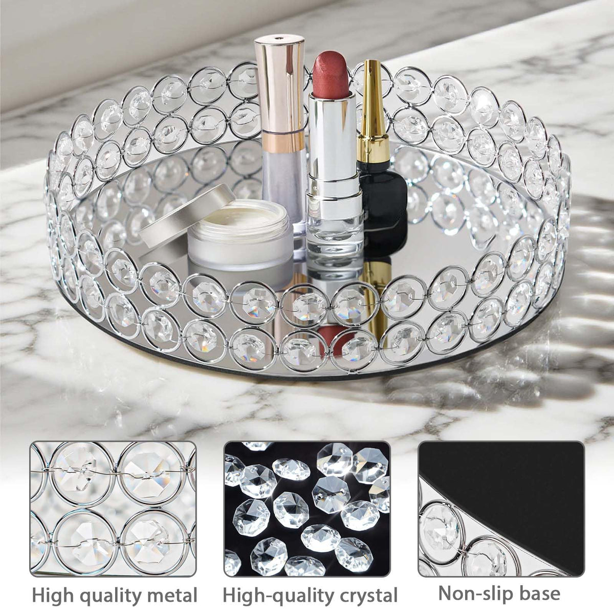 KEHAIL 2 Pcs Silver 10" Round Metal Mirror Crystal Tray – Vanity Tray for Makeup, Perfume, Jewelry & Dessert Display, Elegant Decorative Serveware, Christmas & Birthday Gift