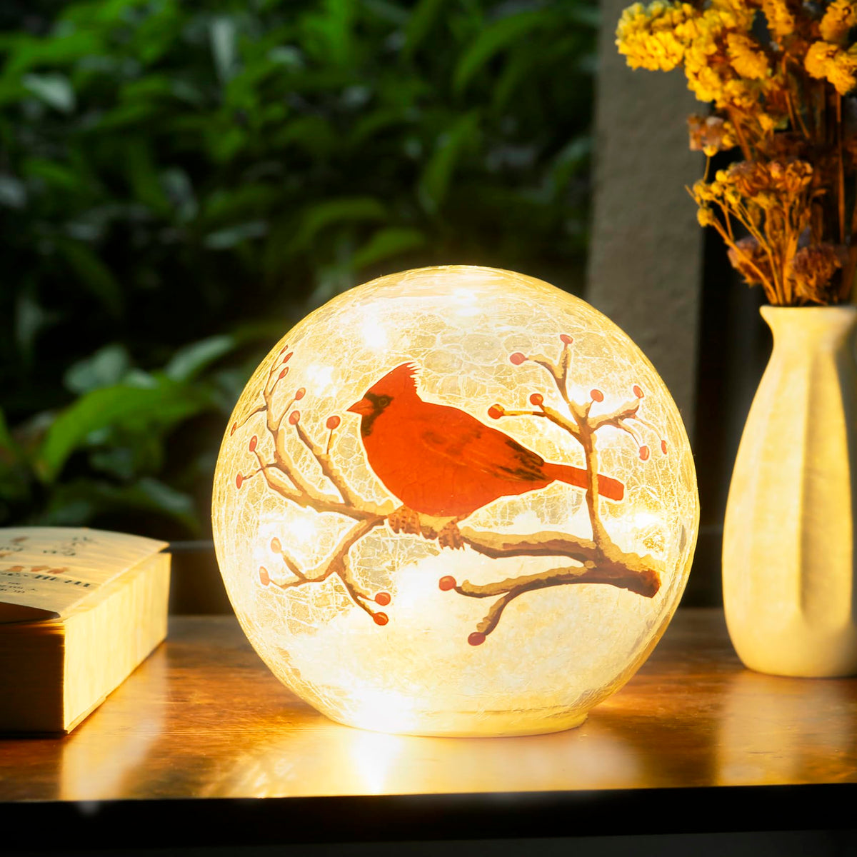 Large Crackle Glass Ball Cardinal Lamp - Light Up Red Bird Stained Christmas Decor Accent, Orb Night Light, LED Sphere Desk Table Lamp