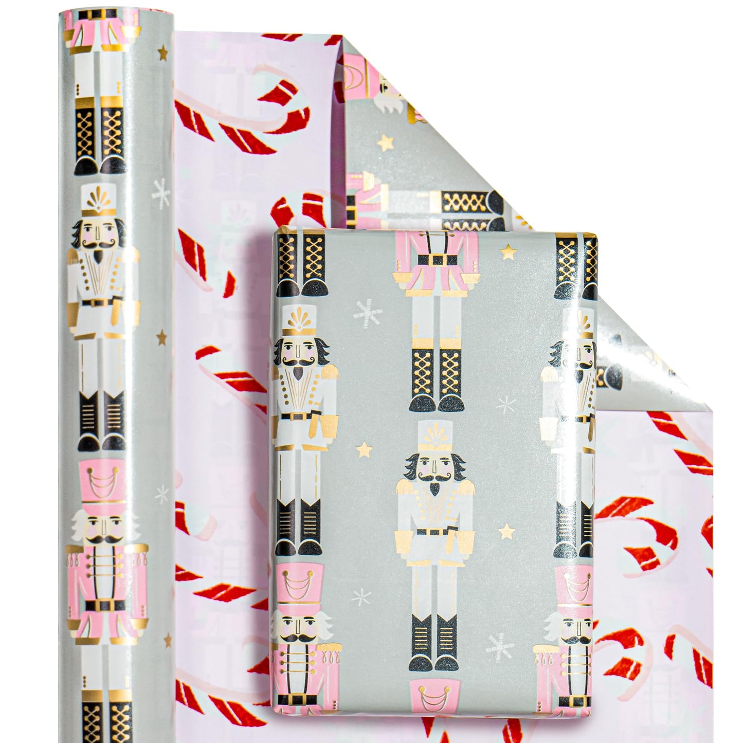 WRAPAHOLIC Reversible Nutcracker Christmas Wrapping Paper - Mini Roll - 17 Inch x 33 Feet - Nutcracker and Candy Cane Design Printed on Pearlized Paper for Chrsitmas, Holiday, Party Celebration