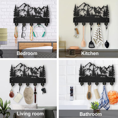MAYJOYDIY Wolf Rabbit Forest Coat Hooks Wood Animal Moutain Key Holder Wall Mount 11.8×7.9inch Key Hanger Wall Art Decor 5 Alloy Hooks Black Key Rack Organizer for Gift Entryway Hallway Kitchen Room