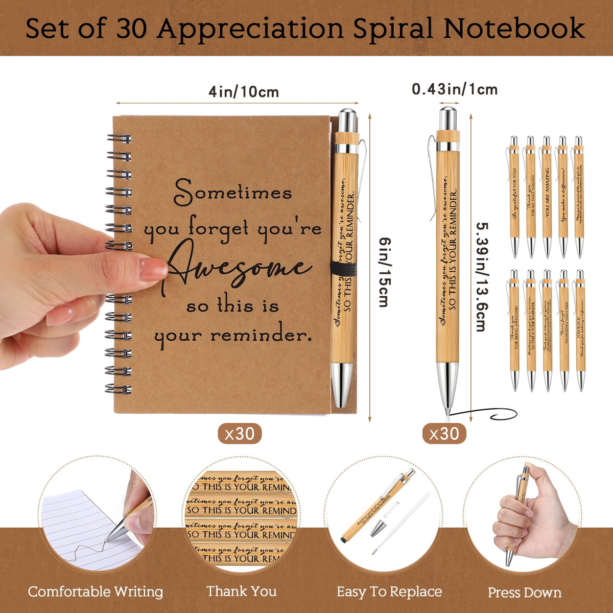 Honoson Spiral Notebooks Sets Teacher Appreciation Gifts Bulk Inspirational Journals with Retractable Bamboo Pens Encouragement Notepad Thank You Gifts for Staff Employee Coworker(30 Sets)